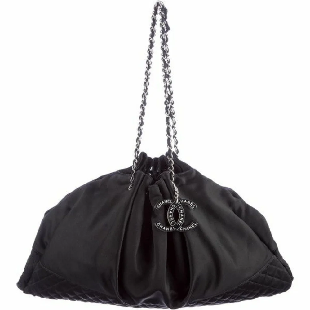 Authentic Chanel Melrose Cabas Black Satin Tote